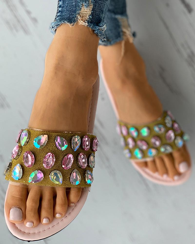 

Rhinestone Decor Casual Flat Sandals, Multicolor