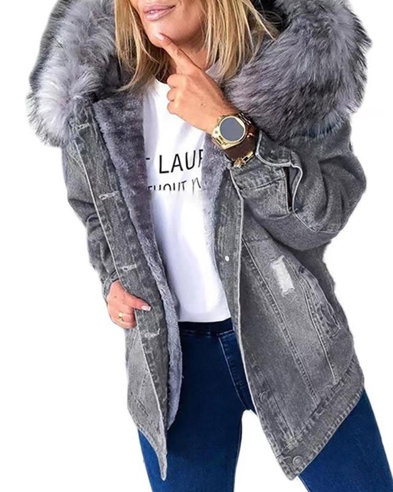 

Ripped Button Front Fuzzy Hooded Denim Coat, Gray