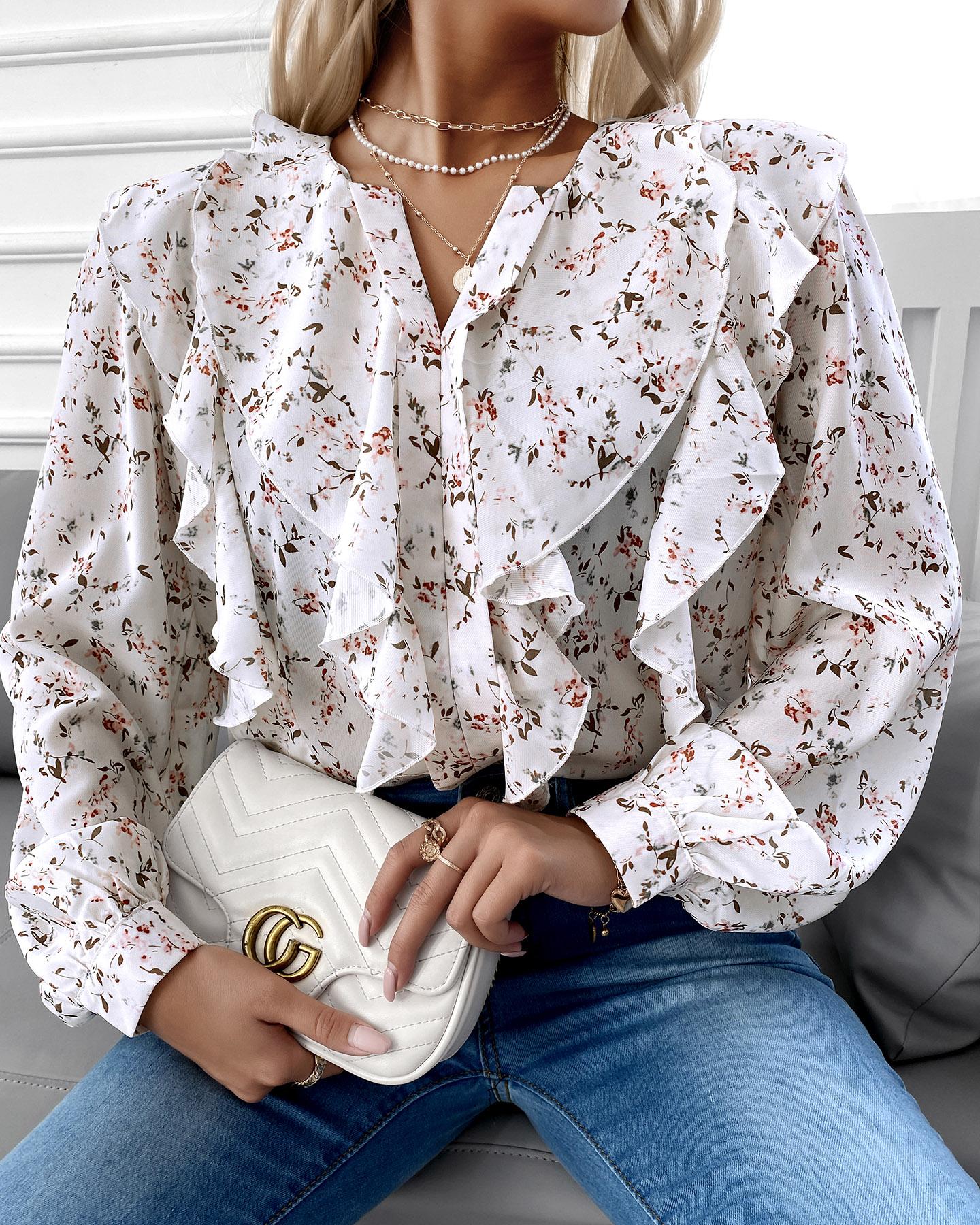 

Floral Print Ruffles Lantern Sleeve Top, Multicolor