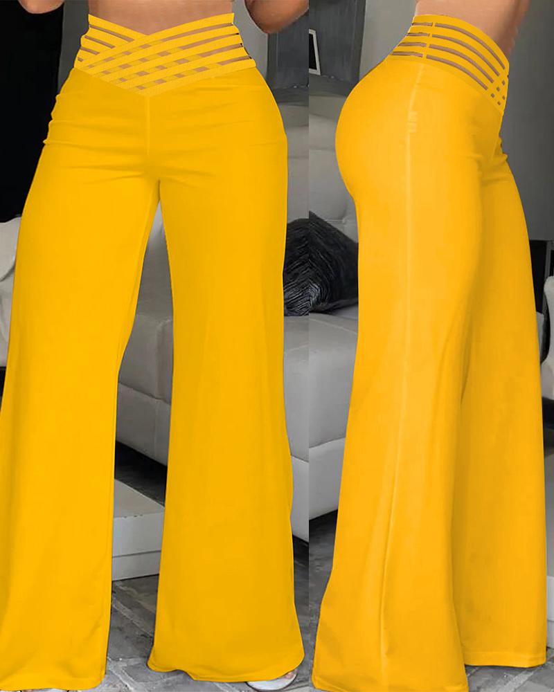 

Crisscross Sheer Mesh Patch High Waist Pants, Yellow
