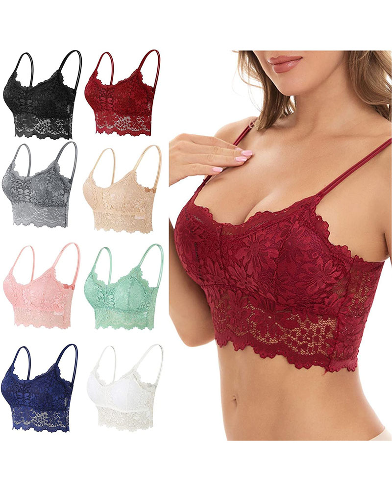 

Spaghetti Strap Floral Lace Bralette, Wine red