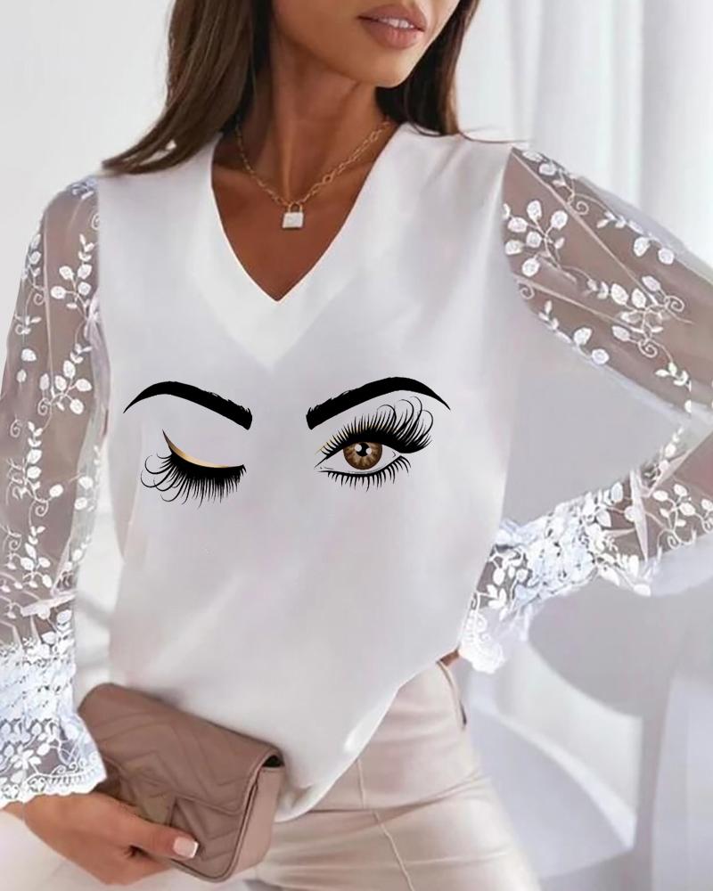 

Eye Print Contrast Lace Long Sleeve Top, White