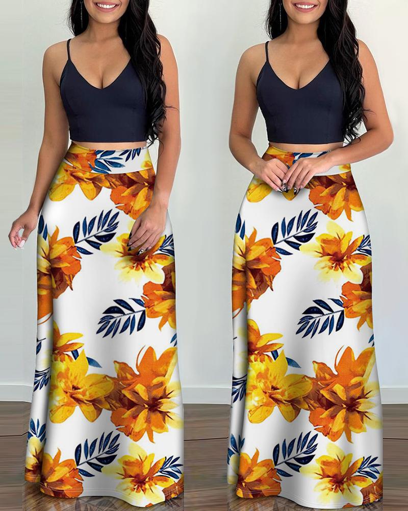 

Cami Plain Crop Top & Tropical Patchwork Print Maxi Skirt Sets, Yellow