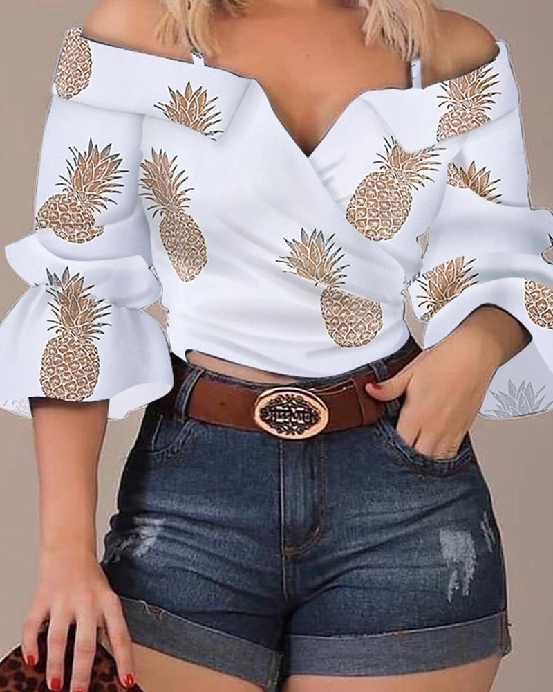 

One Shoulder Pineapple Print Tied Detail Half Sleeve Top, White