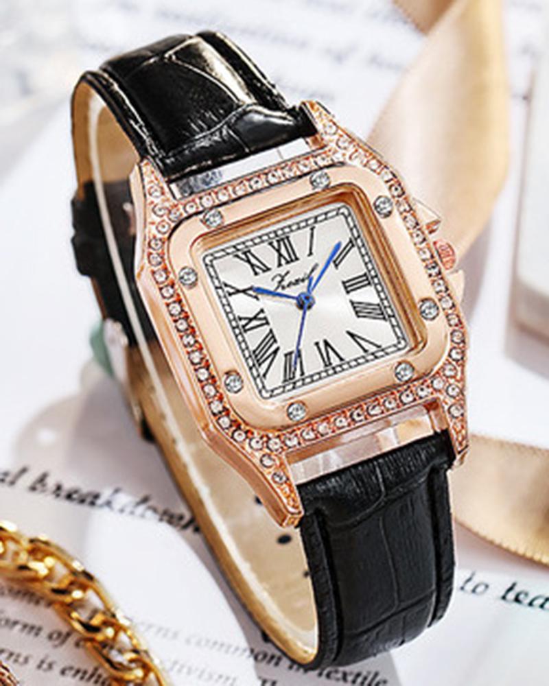 

1pc Rhinestone Leather Band Square Quartz Watch, Black