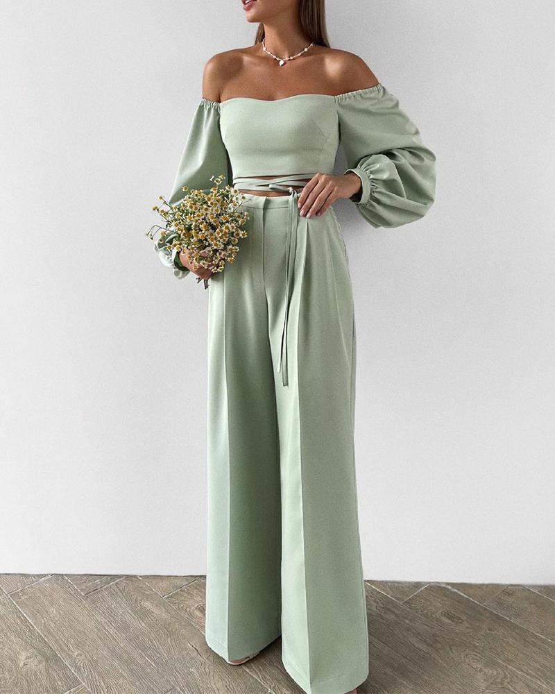 

Solid Off Shoulder Crisscross Tie Crop Top & Straight Leg Pants Set, Green