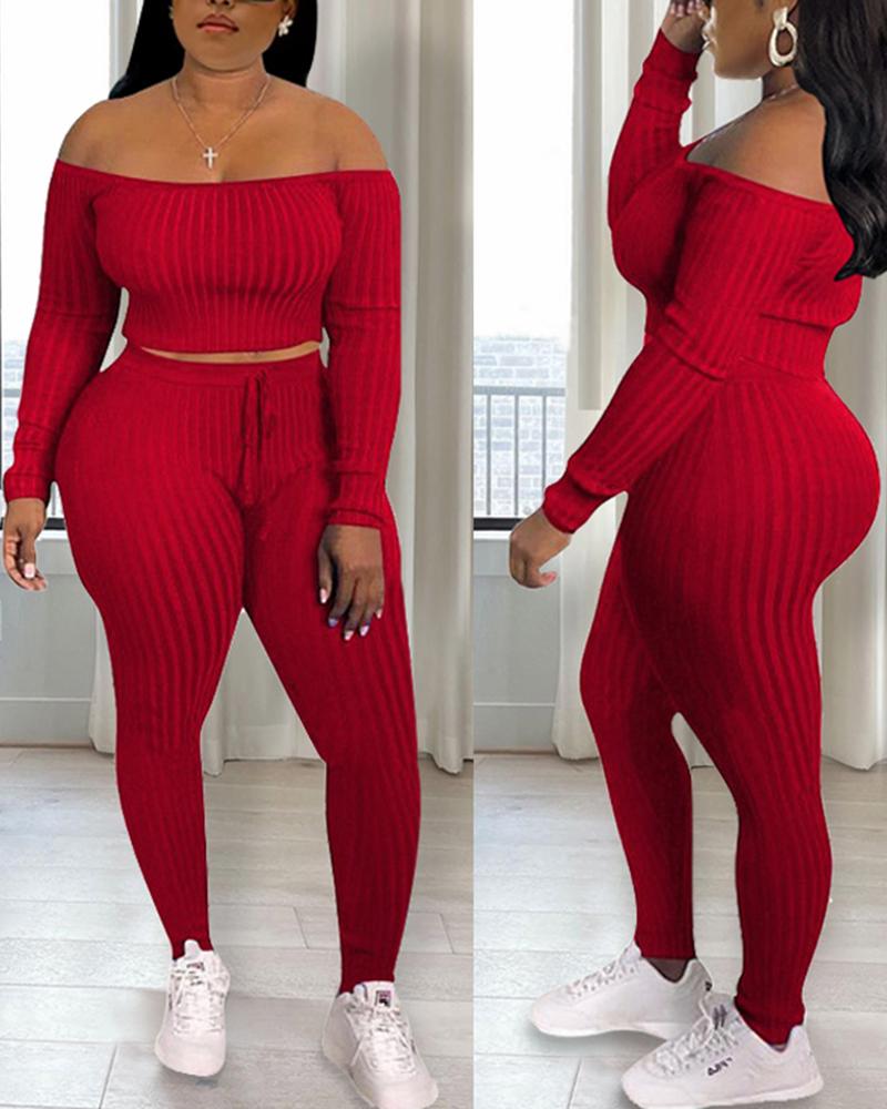 

Off Shoulder Ribbed Crop Top & Drawstring Pants Set, Red