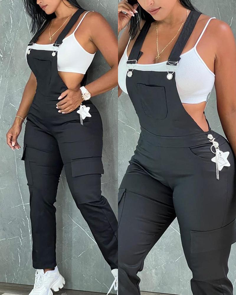 

Pocket Design Sleeveless Suspender Jumpsuit, Black