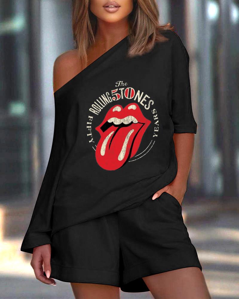 

Lip Letter Print Casual Top & Shorts Set, Black