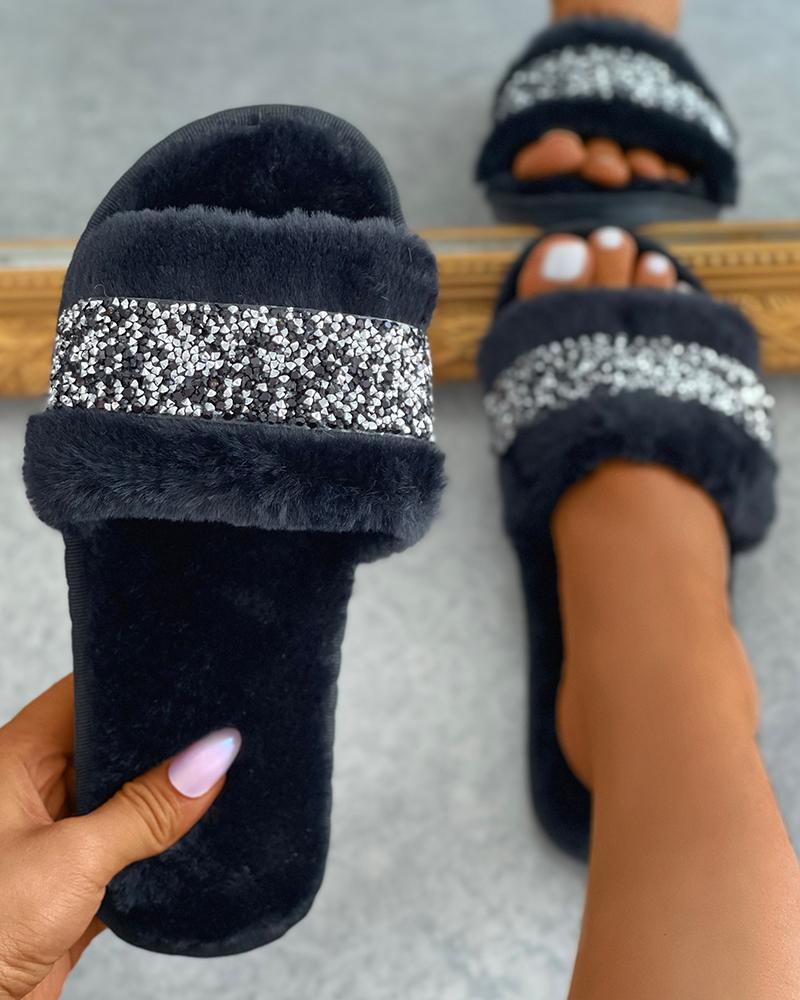 

Rhinestone Patch Peep Toe Fluffy Slippers, Black