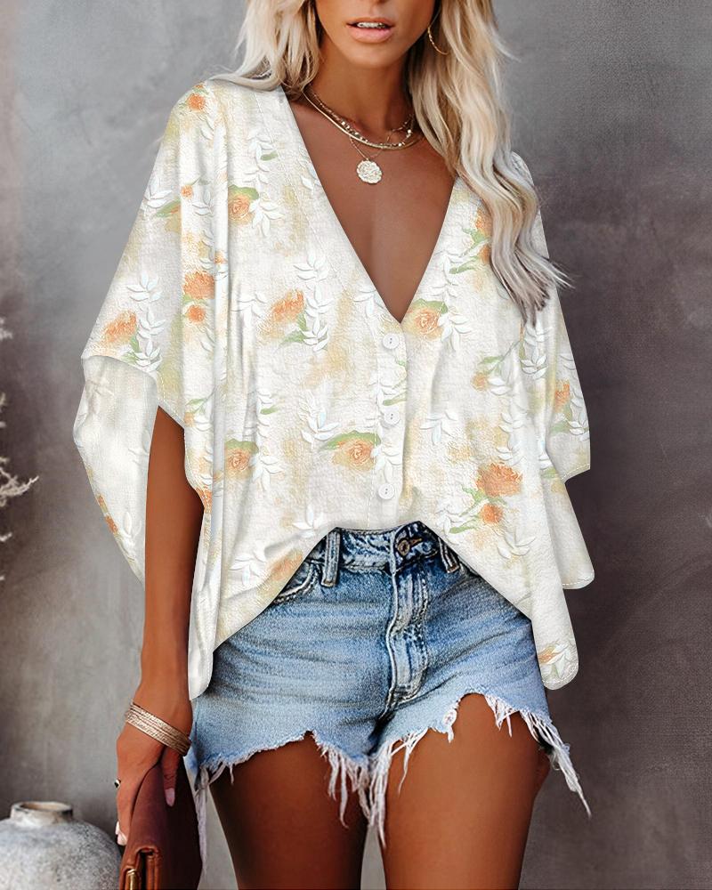 

Floral Print V-Neck Batwing Sleeve Blouse Button Front Oversized Shirt, White