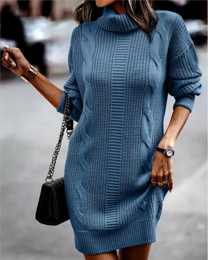 

Long Sleeve Turtleneck Cable Knit Sweater Dress, Blue