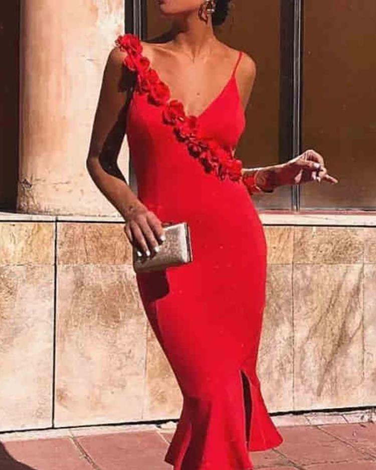 

Flower Applique Backless Fishtail Slip Dress, Red