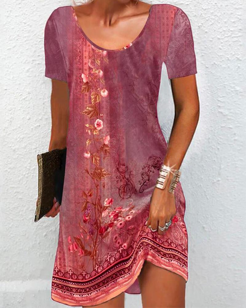 

Floral Tribal Print Round Neck Casual Dress, Red