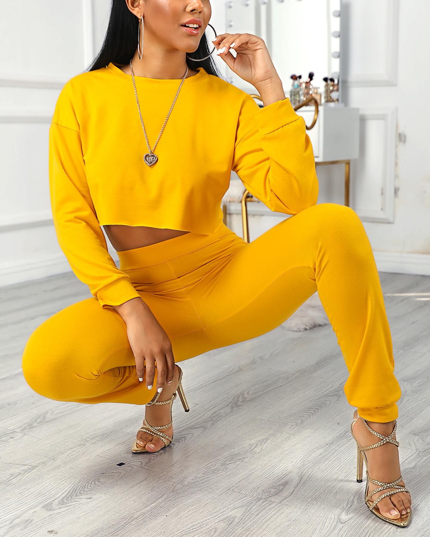 

Frill Hem Crop Top & Pocket Design Pants Sets, Yellow