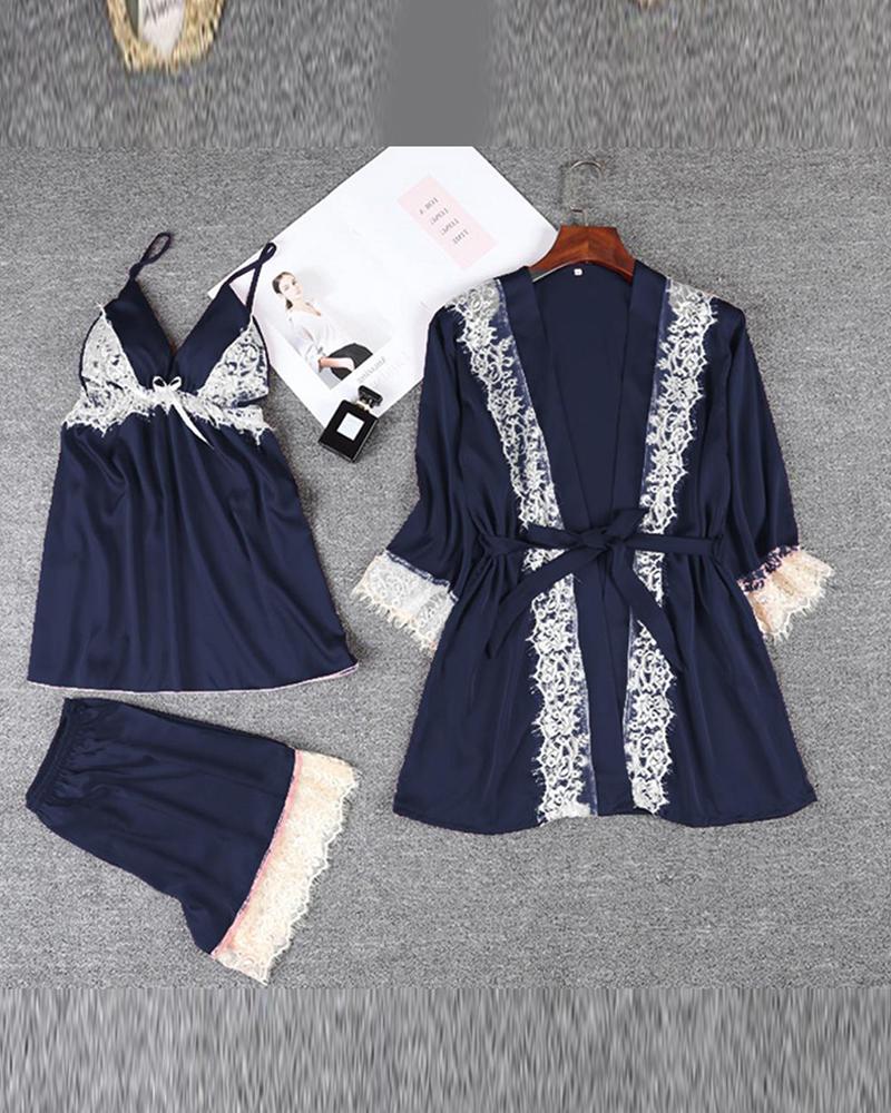 

Satin Lace Trim Pajama Set, Blue