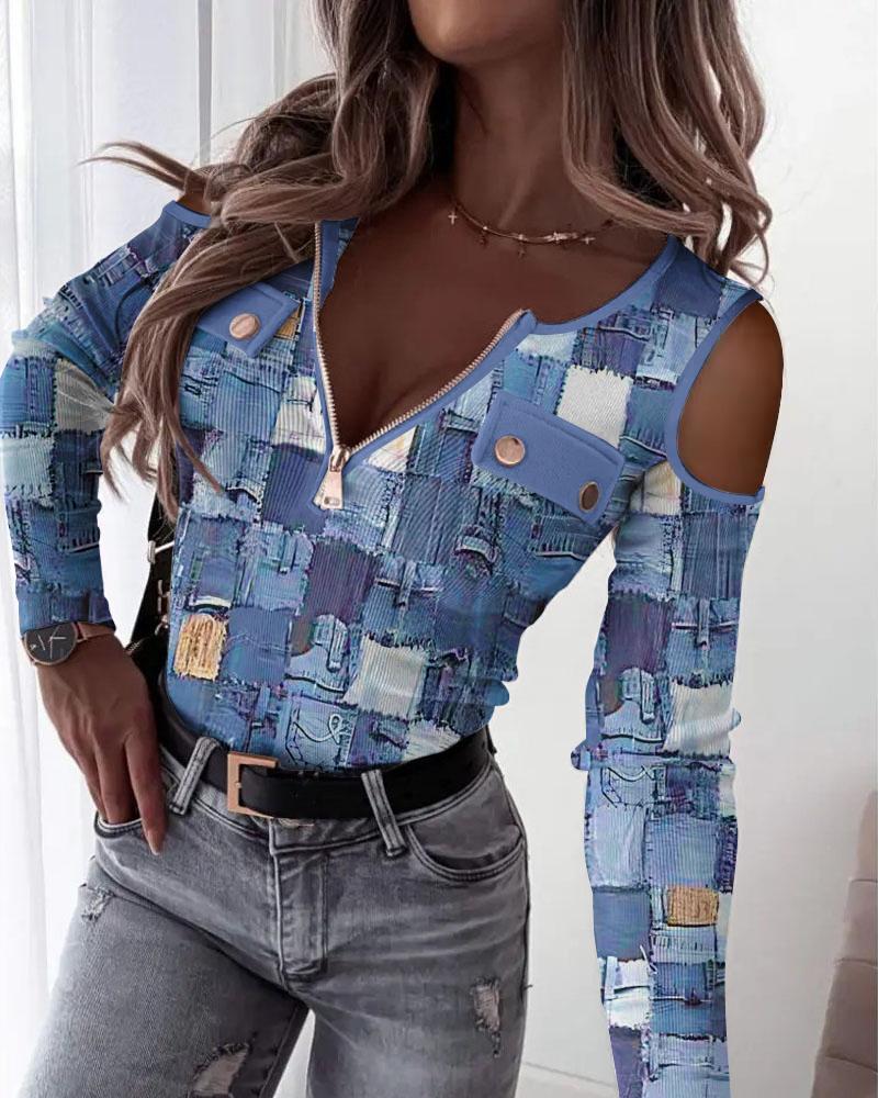 

Denim Look Print Zip Front Cold Shoulder Top, Blue