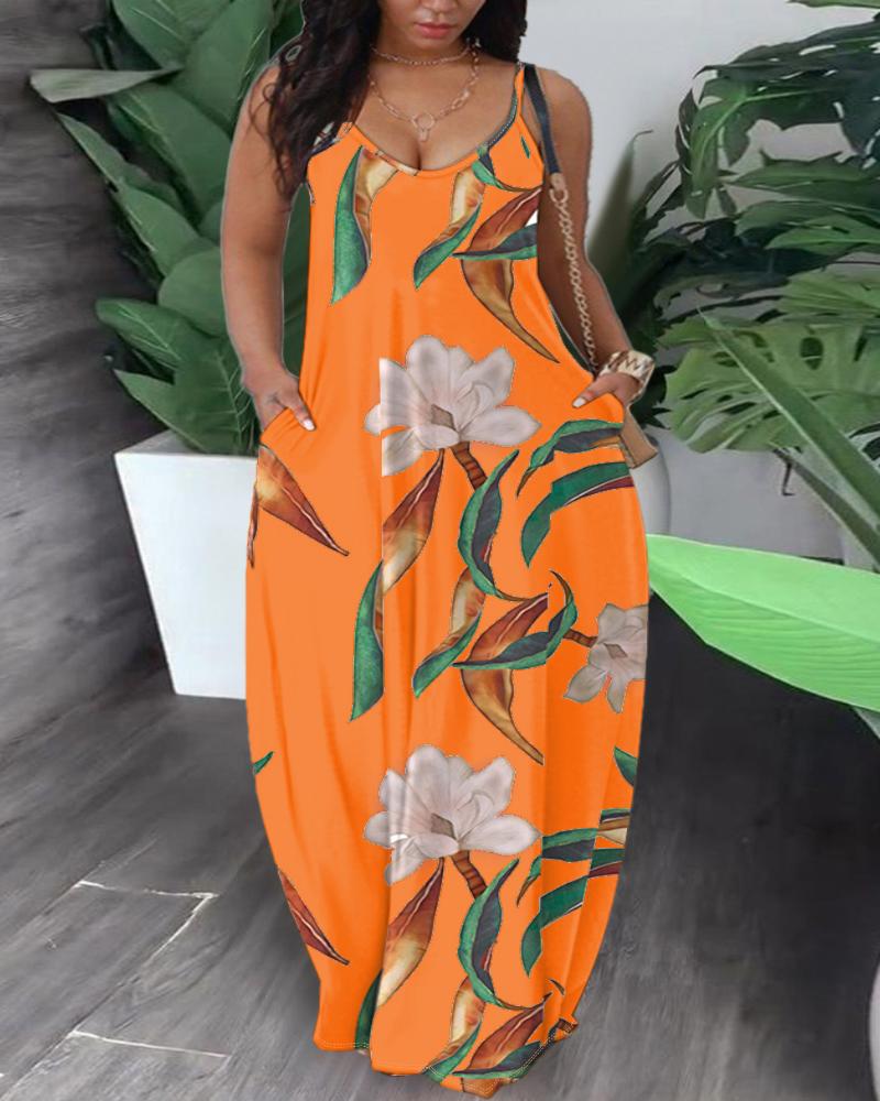 

Vestido maxi plus size com estampa tropical e design de bolso, Orange