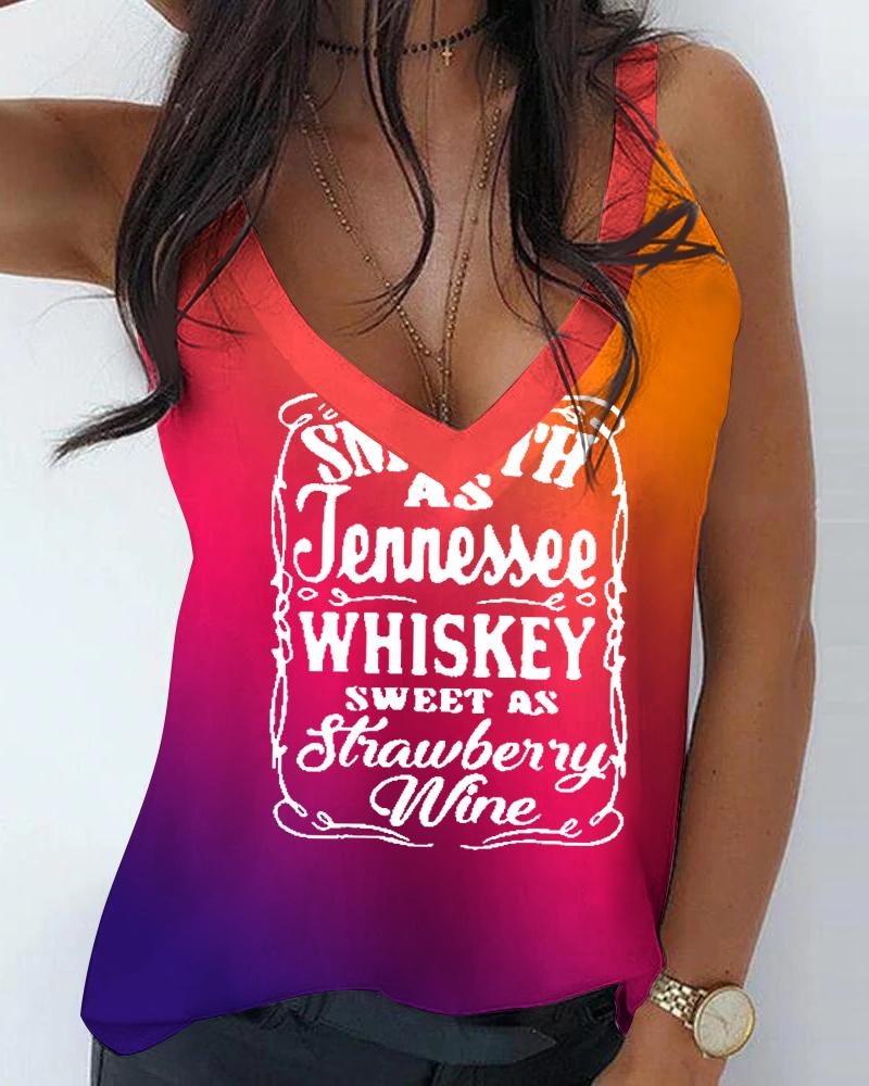 

Smooth As Tennessee Whiskey Sweet As Strawberry Wine Print Ombre V-Neck Tank Top, Multicolor