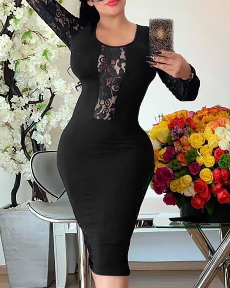 

Solid Round Neck Long Sleeve Lace Insert Bodycon Dress, Black