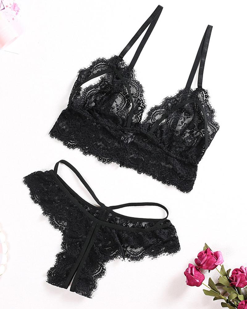 

Naughty Women Cut Out Lace Bra Sets With Thong, Black