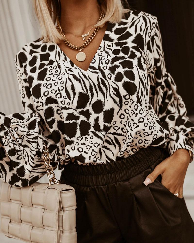 

Animal Print Lantern Sleeve V-Neck Top, Blackwhite