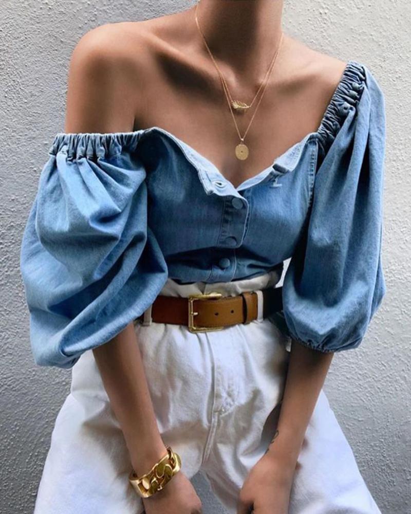 

Square Neck Lantern Sleeve Buttoned Denim Blouse, Blue