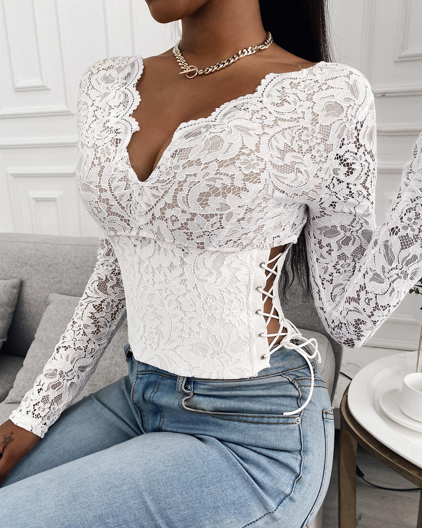 

Eyelet Lace-up Backless Floral Lace Crop Top, White