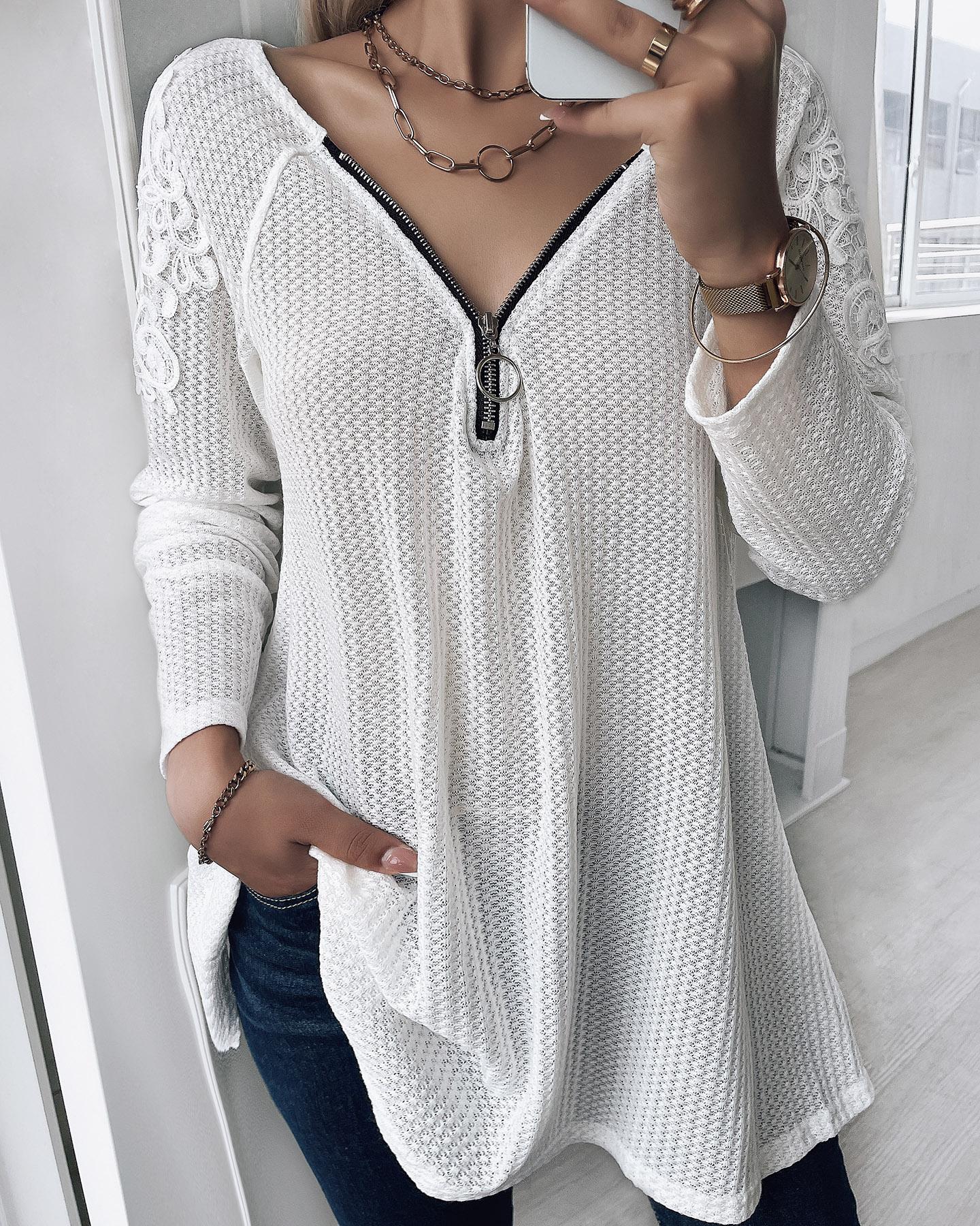 

Solid Contrast Lace Zipper Detail Casual Blouse, White