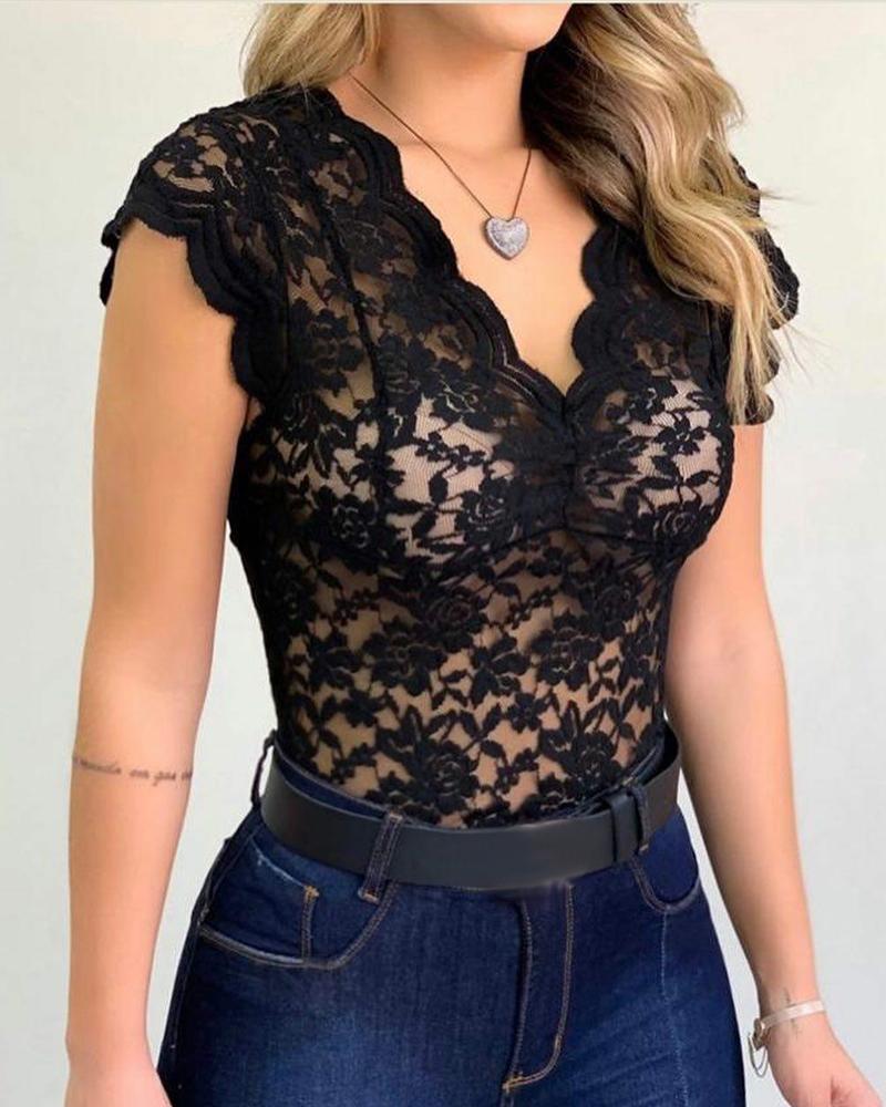 

Embroidery Lace Scallop Trim V-Neck Bodysuit, Black