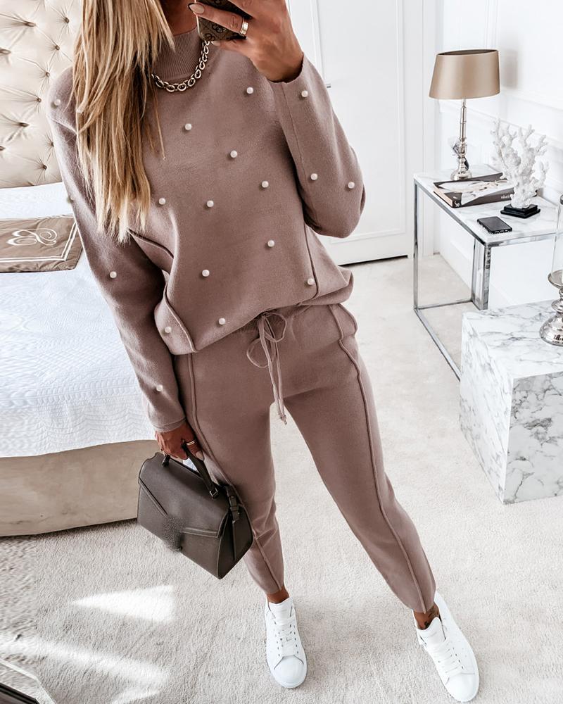 

Beaded Long Sleeve Top & Drawstring Waist Pants Set, Khaki