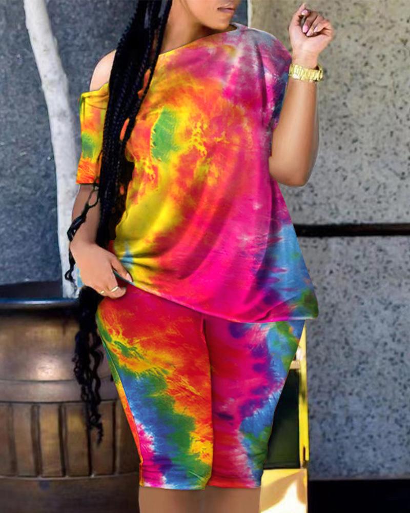 

Tie Dye Print Skew Neck Top & Shorts Set, Multicolor