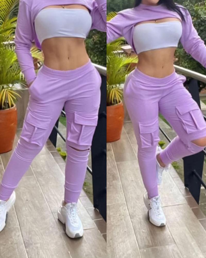 

Pocket Design Cutout Cargo Pants, Purple