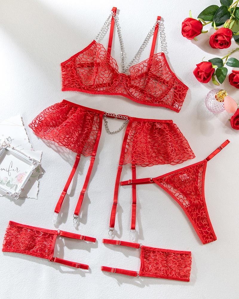 

3PCS Floral Embroidery Chain Decor Lace Garter Lingerie Set, Red