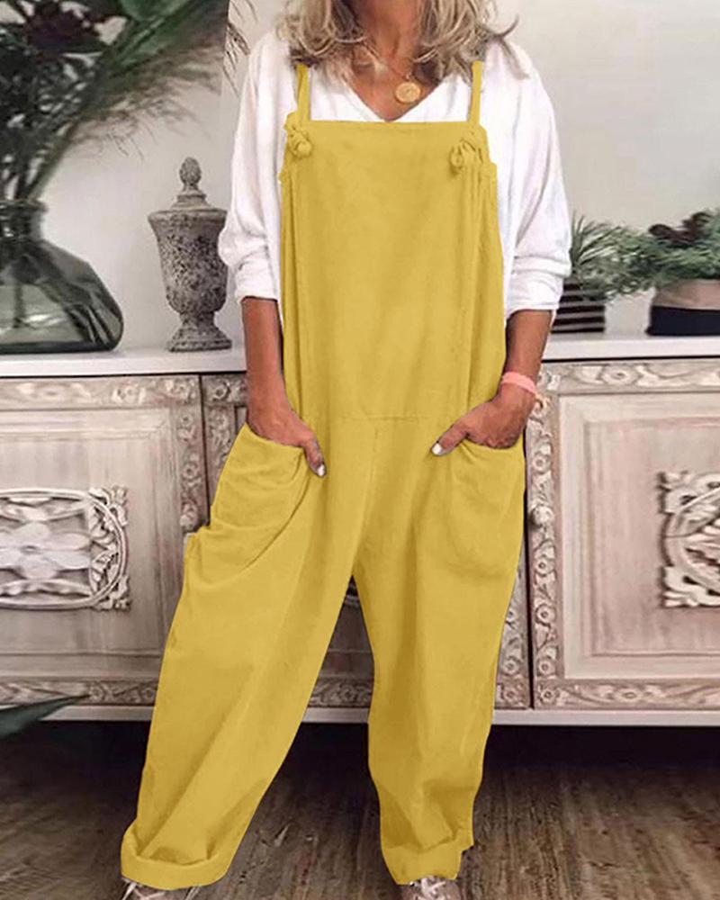 

Pocket Design Knotted Suspender Jumpsuit, Yellow