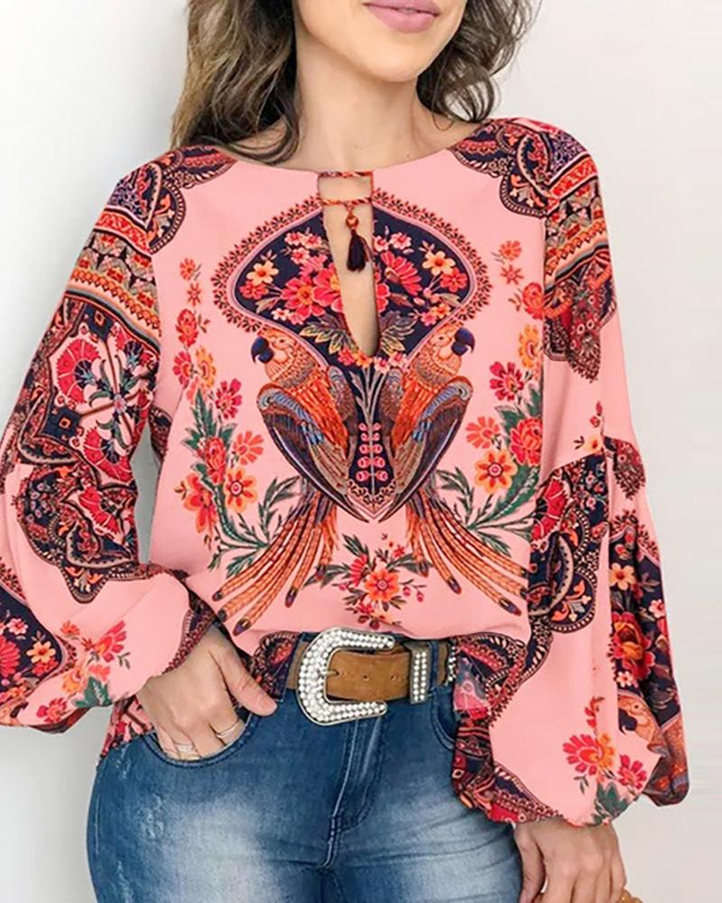 

Floral Graphic Print Lantern Sleeve Cutout Tassel Front Top, Pink