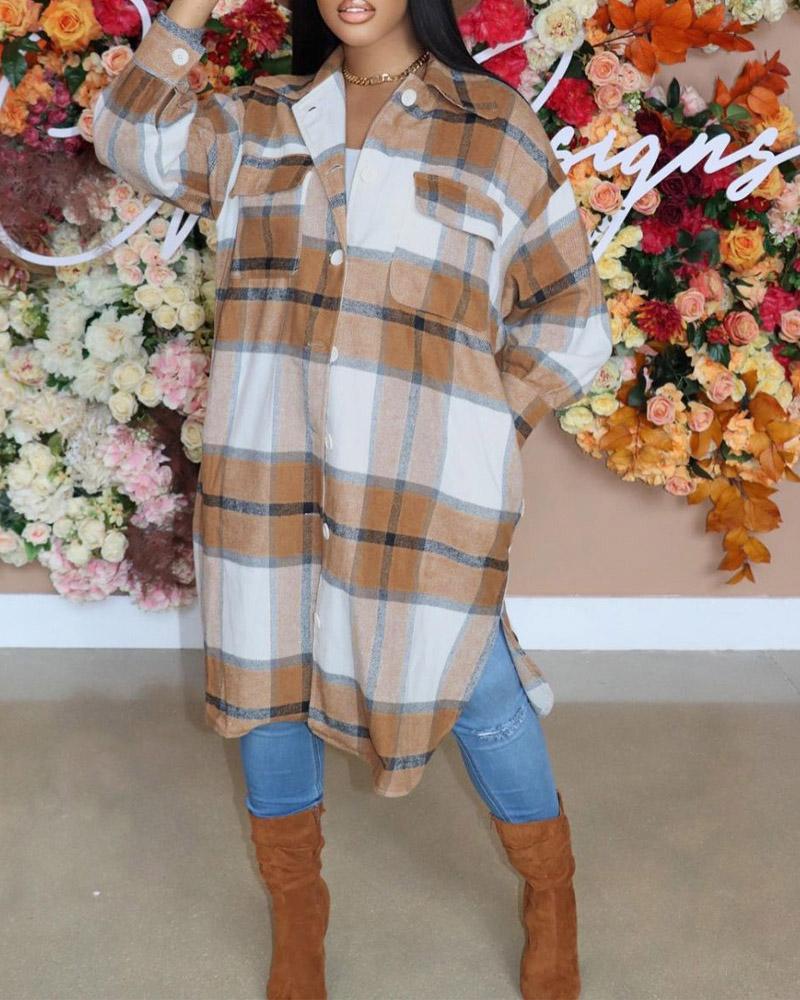 

Plaid Print Button Down Longline Shacket, Khaki