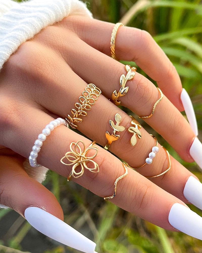 

10pcs Bohemian Hollow Out Leaf Floral Stackable Rings Set, Gold