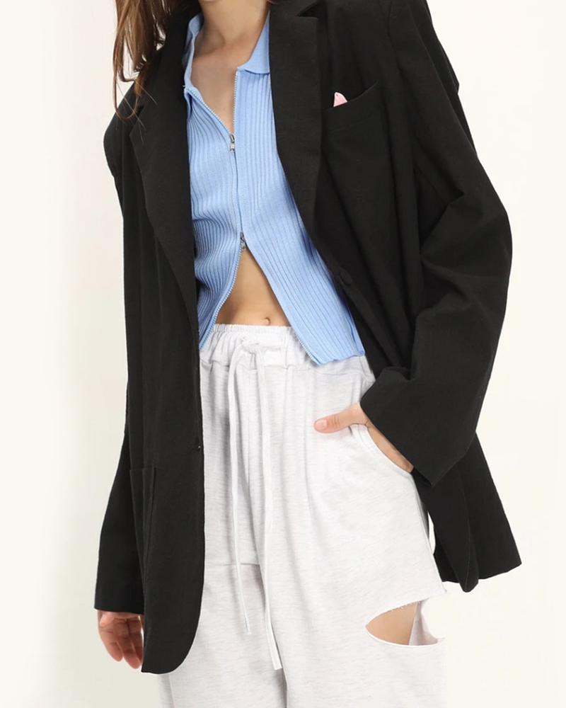 

Loose Solid Color Long Sleeve Shoulder Pads Blazer, Black