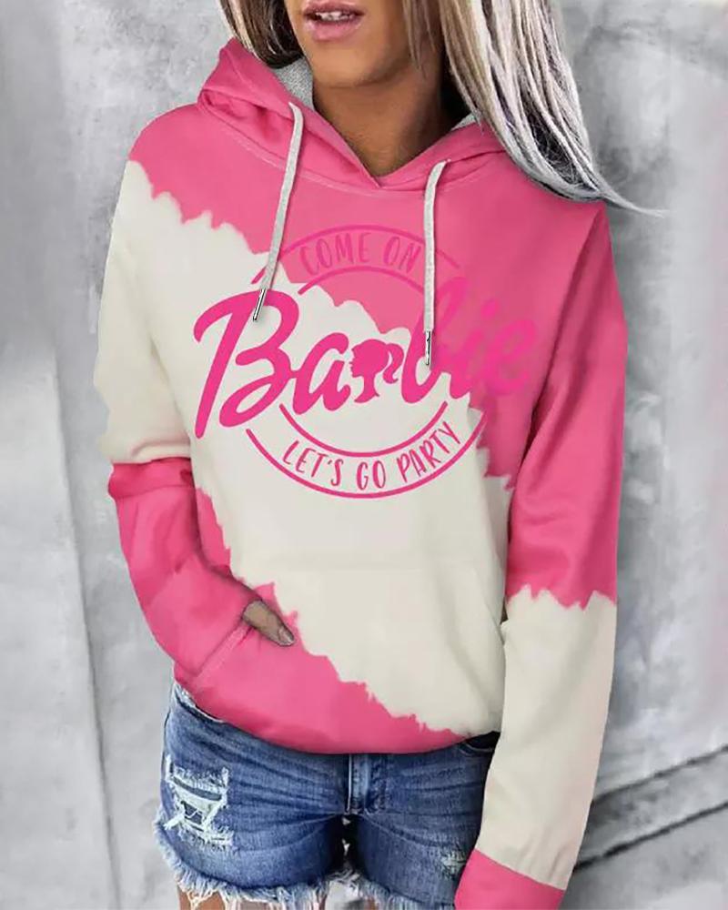 

Colorblock Come On Barbie Let' Go Party Print Casual Hoodie, Pink