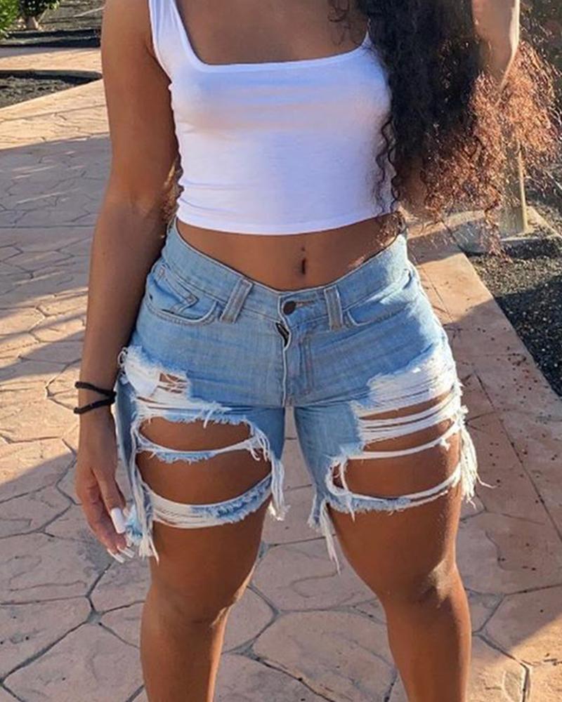 

Plus Size Ripped Cutout Single Buttoned Jeans, Blue