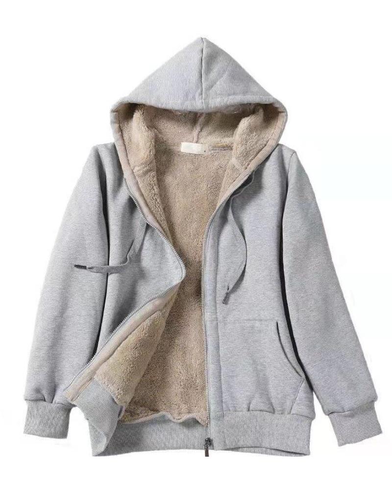 

Long Sleeve Hooded Zip Up Warm Fleece Lined Coat, Gray