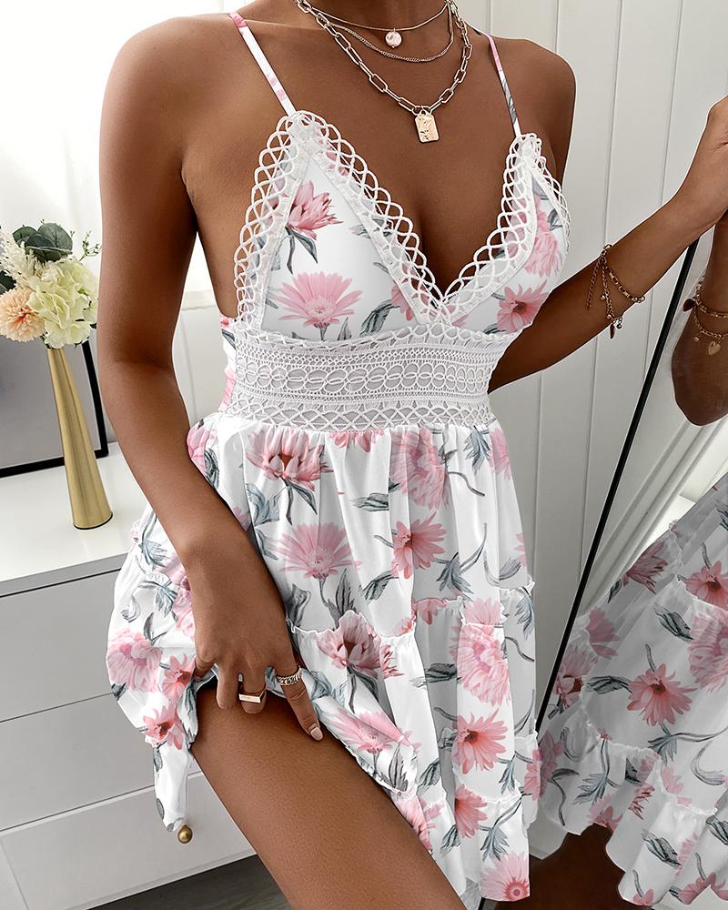 

Lace Patch Frill Hem Floral Print Dress, White