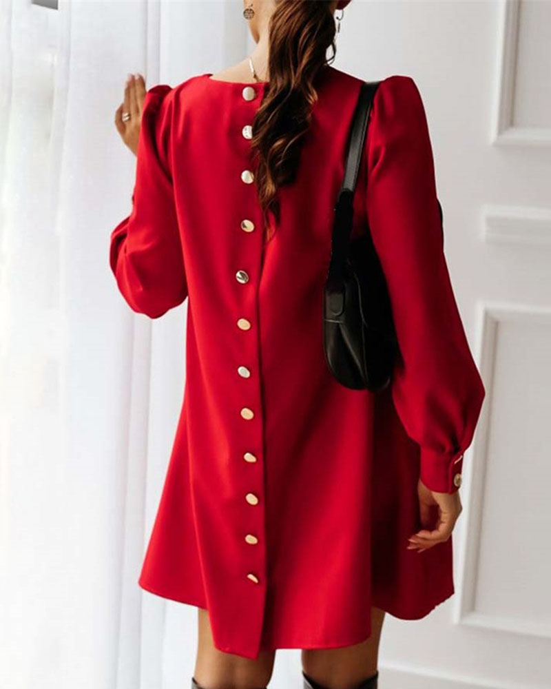 

Puff Lantern Sleeve Buttoned Flared Casual Dress, Red
