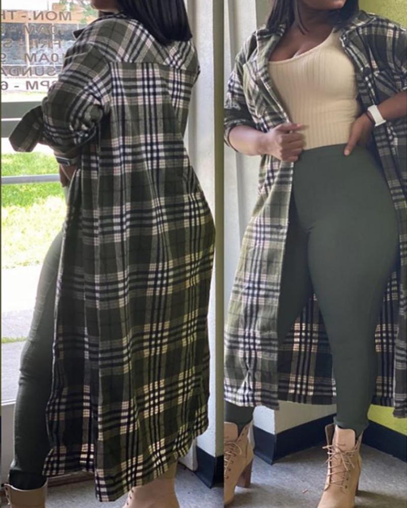 

Plaid Buttoned Pocket Design Longline Coat, Army green