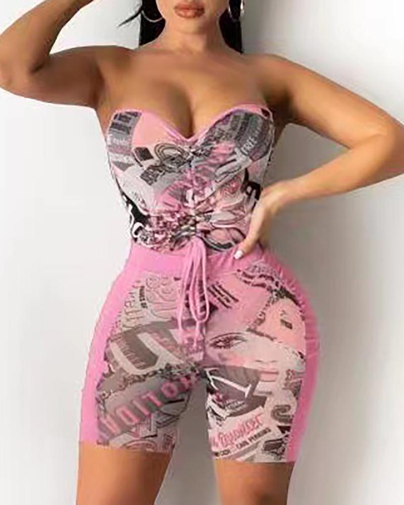 

Graphic Print Colorblock Bandeau Top & Drawstring Shorts Set, Pink