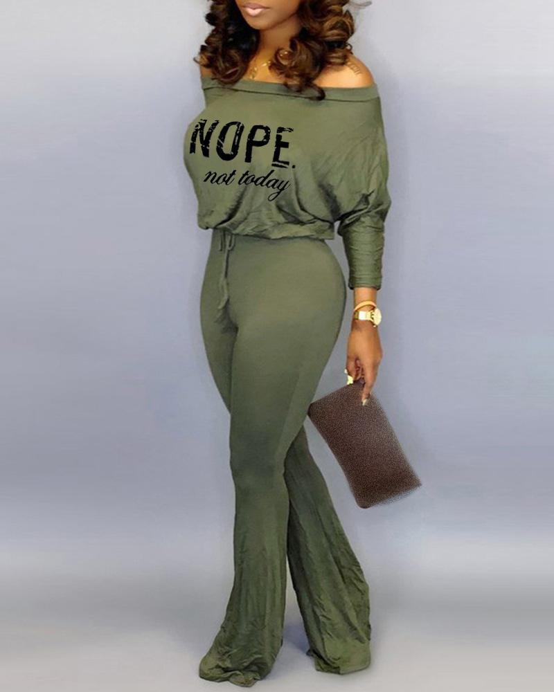 

Letter Print Off Shoulder Drawstring Jumpsuit, Army green