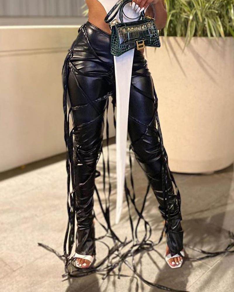 

Multi Strap Decor PU Leather Fold Pants, Black