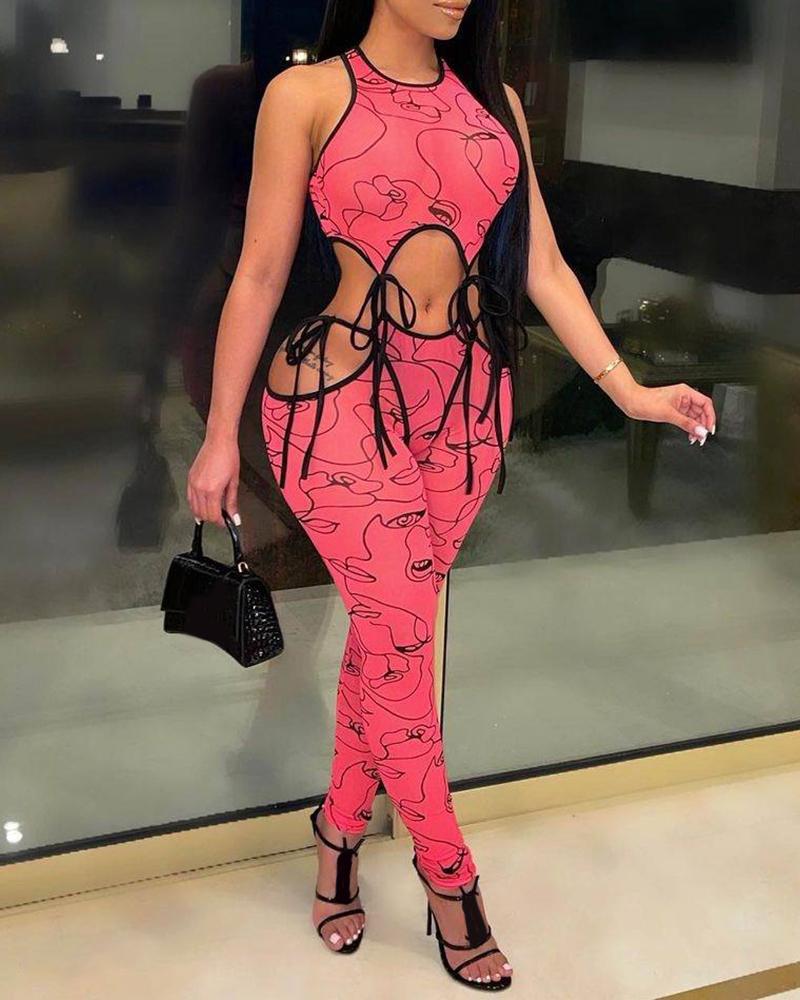 

Abstract Print Cutout Sleeveless Skinny Jumpsuit, Pink