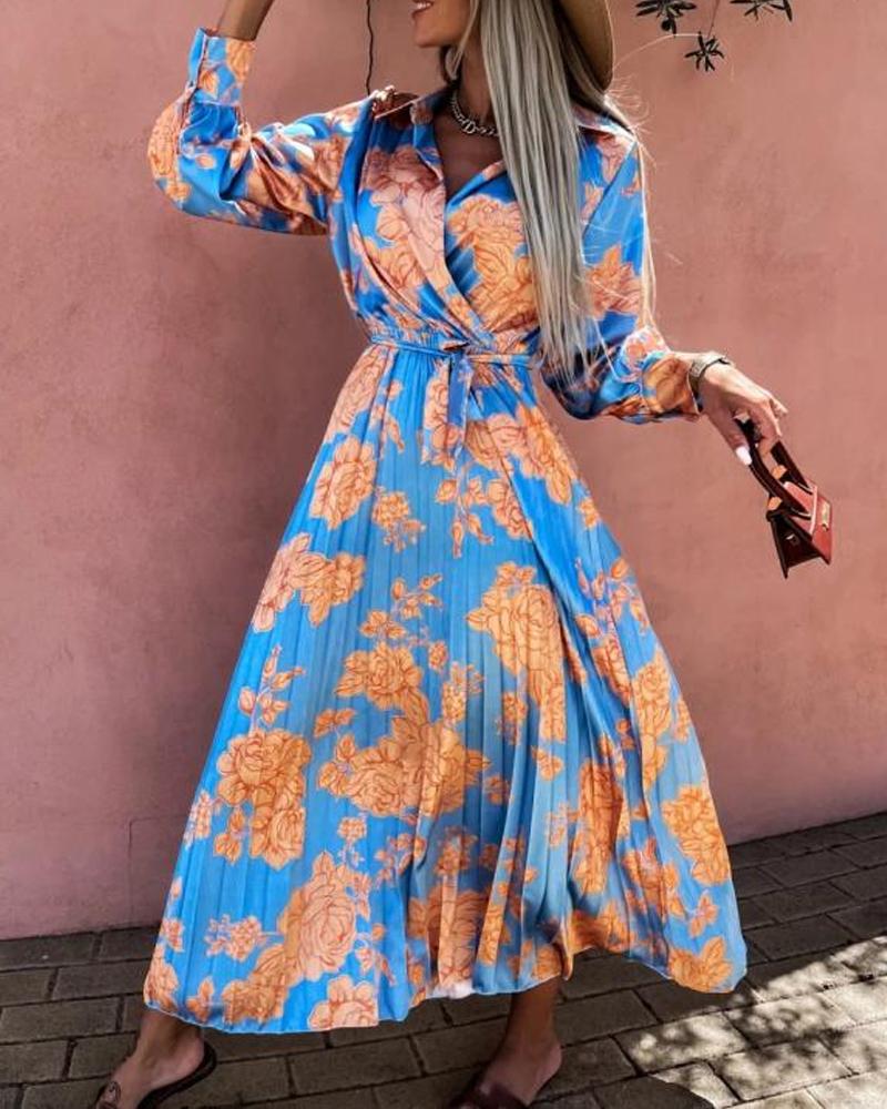 

Floral Print Long Sleeve Pleated Shirt Dress, Blue